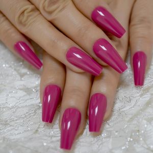 False Nails Rose Red Tapered Lady Nail Tips Full Cover Shiny Salon Artificial Acrylic Square Head Fingernails