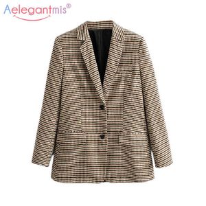 Aelegantmis Vintage Houndstooth Plaid Blazer Women Casual Pockets Single Breasted Office Wear Jacket Notched Collar Suits Coat 210607