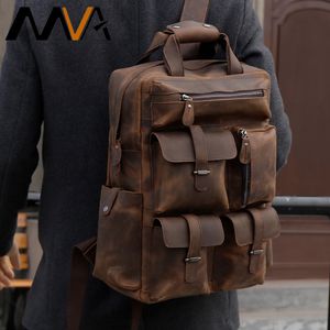 Backpack Vintage Unisex MVA Genuine Leather 15"Laptop Bag Multi Pockets School Business Travel Daypack Large