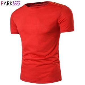 Czerwony Krótki Rękaw T Shirt Mężczyźni Moda Przycisk Ramię Dekoracji Casual Koszulki Męskie Hip Hip Hipster Streetwear Camisetas 210522