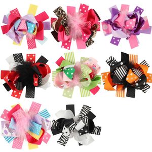 8PCS Inches Kids Loopy Puff Feather Hair Bow Clips Girls Flower polka dots Barrette Hairclip Accessories Photography Props