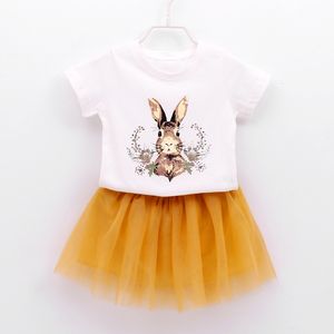 Girls Clothes Set Summer Rabbit Print T-shirt + Mesh Skirt 2PCS Cartoon Children 210515