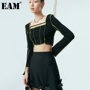 [EAM] T-shirt casual da donna nera verde corta impiombata colletto quadrato manica lunga moda primavera autunno 1DD6228 21512