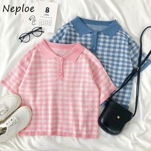 Neploe Summer Plaid Knitted T Shirts Women Turn-down Collar Short Sleeve Crop Tops Ladies Fitness Tee Femme Knitwear 1E375 210423