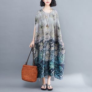 Johnature Women Vintage Floral Dresses O-Neck Bat Sleeve Summer Chinese Style Women Clothing Casual Loose Dresses 210521