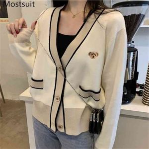 Bear Embroidered Knitted Cardigan Women V-neck Full Sleeve Single-breasted Sweater Color-blocked Vintage Ladies Jumpers Tops 210513