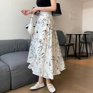 Yaz Ince Bir Çizgi Beyaz Yüksek Bel Mürekkep Baskı Etekler Kadın Şifon Vintage Vahşi Moda Kore Giyim Mujer Faldas Zarif 210610