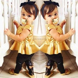 Guld tjejer kläder sätter baby flicka kläder t-tröjor leggings mode barn klänning byxor kostym sommar svart bebe roupas 210326