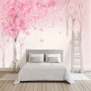 Custom Photo Romantic Hand Painted Watercolor Pink Cherry Trees Decoration Wall Painting Girls Room Bedroom Wall Mural Wallpaper