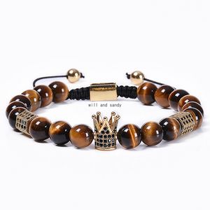 Natural Stone Tiger Eye Bead Strand Bracelet Copper Micro-inlaid Zircon Crown Diamond Braided Bead Bracelets Women Men Fashion Jewelry Will and Sandy