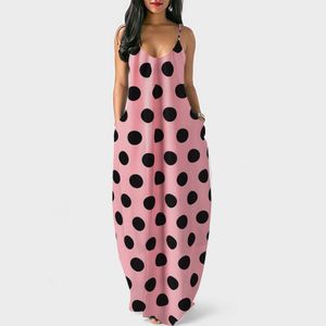 Czeski Kobiety Sukienka Sexy Sling V Neck Bez Rękawów Maxi Long Sundress Polka Dot Print Casual Loose Vestidos Beach Party 5xl Robe 210526