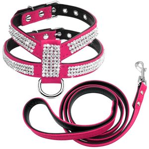 Dog Collars & Leashes Bling Rhinestone Harness Leather Puppy Cat Vest Leash Set For Small Medium Chihuahua Pug Yorkshire Pet Supplies