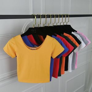 Camiseta feminina de verão de manga curta com decote em O casual algodão preto branco vermelho amarelo tops camisetas femininas femininas Crop Top