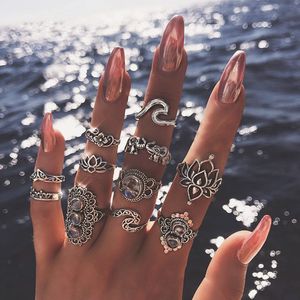 Opal Midi Kunckle Ringar för Kvinnor Antik Crown Lotus Wave Boho Ring Set Bohemian Crystal Smycken Anillos 11 st / set