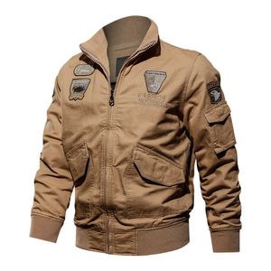 Thoshine Brand Spring Höst 100% Bomull Män Casual Cargo Jackor Skriv ut Man Militär Armé Ytterkläder Bomber Jacka Patchfickor 211013