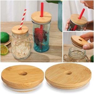 Bamboo Cap Lid Reusable Mason Jar Lids 70mm 86mm with Straw Hole and Silicone Seal Drinkware for Canning Drinking Jars Top Bottle Cover