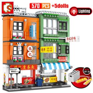 SEMBO City Street View Negozio in stile Hong Kong Figure Bricks Creator LED House Architecture Building Blocks Giocattoli fai da te per bambini X0503