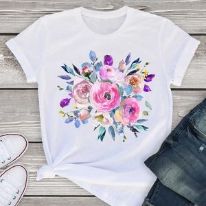 Kvinnor Grafisk Kortärmad Sommar Akvarell Blomma Elegant Mode Tröja Tees Kläder Toppar Kvinna T-tröja Dam T-shirt x0527