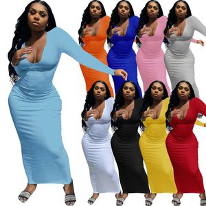 Kadın Elbise Tasarımcısı Ince Seksi Derin V Yaka Spor Katı Renk Uzun Kollu Midi Elbiseler Bayanlar Parti Etek 9 Renkler