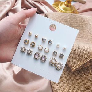 Luxuosos diamantes artificiais Pérolas Brincos Brincos Sol e Estrelas Estilo Design Mulheres Belas Mulheres 9 Pares Studs Atacado por Set