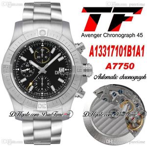 TF 45mm A13317101B1A1 ETA A7750 Otomatik Chronograph Erkek İzle Siyah Sarı Kadran Beyaz Sopa İşaretleyiciler Paslanmaz Çelik Bilezik Kronometre Saatler Puretime B2