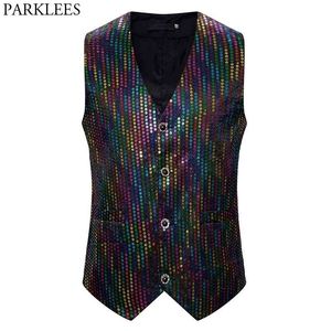 Färgglada Sequin Glitter Vest Men Fashion Party Club Prom Waistcoat Men Chalecos Para Hombre Dancer Singer Stage Costume 2XL 210522