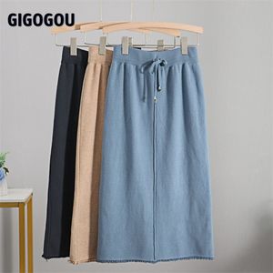 Gigogou Höst Vinter Sticka Kvinnor Skirt Drawstring Midi s Long Maxi Bodycon Pencil Sweater 210708