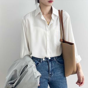 Vårvit Svart Blå Skjorta Kvinnors Koreanska Chic Solid Färg Enkel Långärmad Lapel Vintage Top Blouse Cardigan 210607