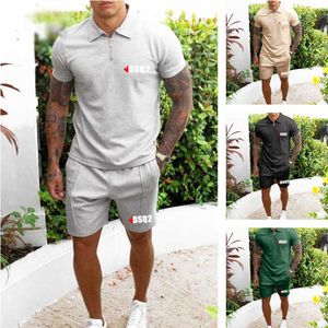 2021 verão homens lapela cor sólida terno esportes lazer conjunto t / c tecido homens zíper pólo de manga curta camisa shorts 2 peças conjunto x0909
