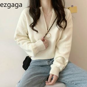 Ezgaga女性ニットセータープレッピースタイル秋新しいVネックルーズプルオーバー衣装カワイイソリッドジッパーベースレディーストップスカジュアル210430