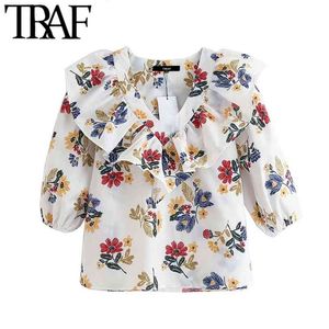Kadın Tatlı Moda Çiçek Baskı Ruffled Bluzlar Vintage V Boyun Üç Çeyrek Kol Kadın Gömlek Blusa Chic Tops 210507