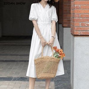 Summer Holiday V neck Front Slit Plain Color Wrap Dress Woman Tie Bow Lace up Waist Short Puff Sleeve Midi Long Dresses 210429