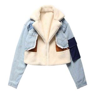 Kvinnor Faux Fur Denim Patchwork Coat Outwear Warm Tjock Turn Down Collar Pocket Chic C0410 210514