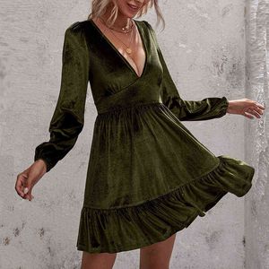 Ladies Autumn New Slim Party Dress Fashion Deep V-neck Ruffles Women Dress Velvet Puff Long Sleeve Elegant Mini Dresses Vestidos Y1204