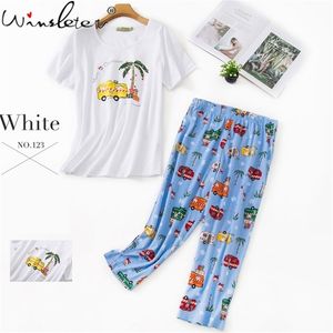 3XL 2 Stücke Sommer Frauen Pyjamas Sets Cartoon Bus Drucken Gemütliche Baumwolle Nette Top Hosen Schlafen Weibliche Nachthemd P05802B 210421