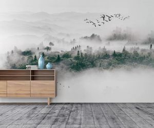 Sfondi Milofi Personalizzato Minimalista Stile nordico Uccello Nebbia Foresta di pini Nuvola Sfondo TV Muro