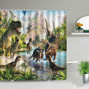 Dinosaur Print Dusch Gardiner Grön Växt Landskap Barn Vattentät Badrum Gardin Med Hook Bathtub Screen Boy Girl Gift 211116