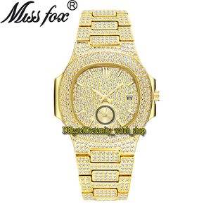 MissFox Eternity V293B Hip Hop Fashion Mens Klockor CZ Diamant Inlay Dial Quartz Movement Men Watch Iced Out Diamonds Alloy Case Gold Armband