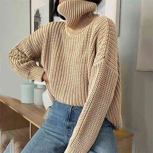 Turtleneck Stickad tröja Pullovers Kvinnor Oversized Casual Basic Jumper Khaki Vinter toppar 210427