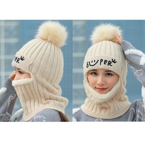 Berets Outdoor Winter Windproof Siamese Scarf Collar Hat Set Beanies Caps Wool Knitted Pompoms