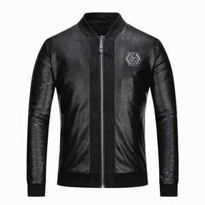 Vår Casual Broderi Skull Motor Spliced ​​Badge PU Faux Läder Jacka Män Höst Fashion Biker Coat Vintage Slim Ytterkläder 211009