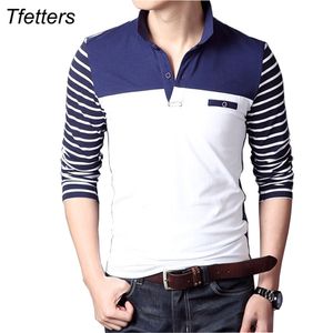 TFETTERS Spring Autumn Casual Men Long Sleeve T-shirt Cotton Elastic Slim Fit Dress T Shirt V-Neck Stripe Tops & Tees 220221