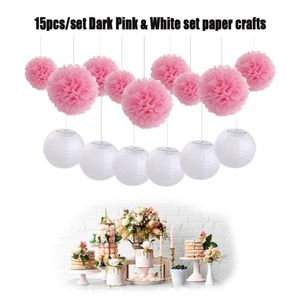 Party Decoration Baby Shower 15 stks / set Gemengde Size White Round Paper Lantern Pink / Blue Pom Wedding Decor Hanging Crafts