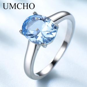 Cluster Rings UMCHO Genuine 925 Sterling Silver For Women Blue Topaz Gemstone Engagement Wedding Ring Birthstone Romantic Fine Jewelry