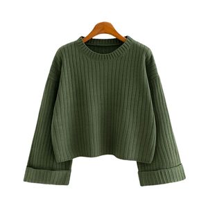 Maglione delle donne di autunno della molla Top stile coreano allentato vita alta breve pullover di colore puro casual femminile top LL281 210506
