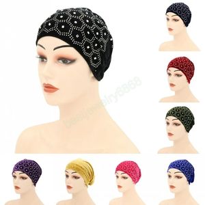 Muslim Women Hot Drill Velvet Headscarf Hats Fashion Islamic Solid Color Inner Cap Turban Eid Headwear Soft Beanies