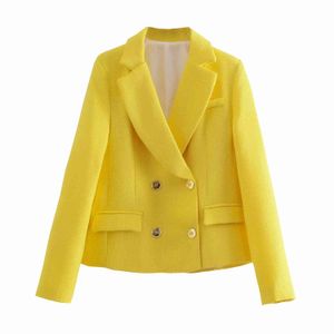 Moda Donna Giallo Tweed Blazer Giacca Primavera Doppio Petto Donna Autunno Cappotto Chic Tasche Office Lady Elegante Top 210521