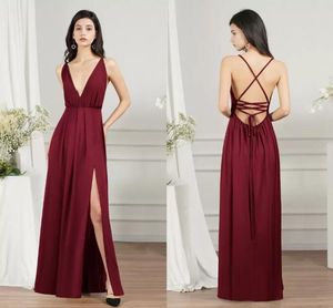 Bordo Şifon Gelinlik Modelleri Yaz Plaj Bohemian Hizmetçi Onur Törenlerinde Seksi Backless Bölünmüş Dalma V Boyun Kadınlar Parti Vestidos CPS3008