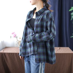 Johnature outono retro xadrez virada coleira de manga comprida Única camisa de algodão solta casual all-amtch mulheres top 210521