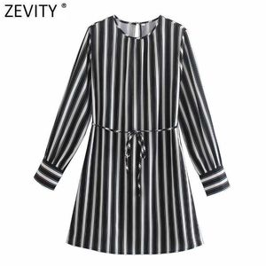 Zevity Women Vintage Black Vit Striped Print Sashes Mini Dress Kvinna Chic O Neck Långärmad Rak Vestido DS5078 210603